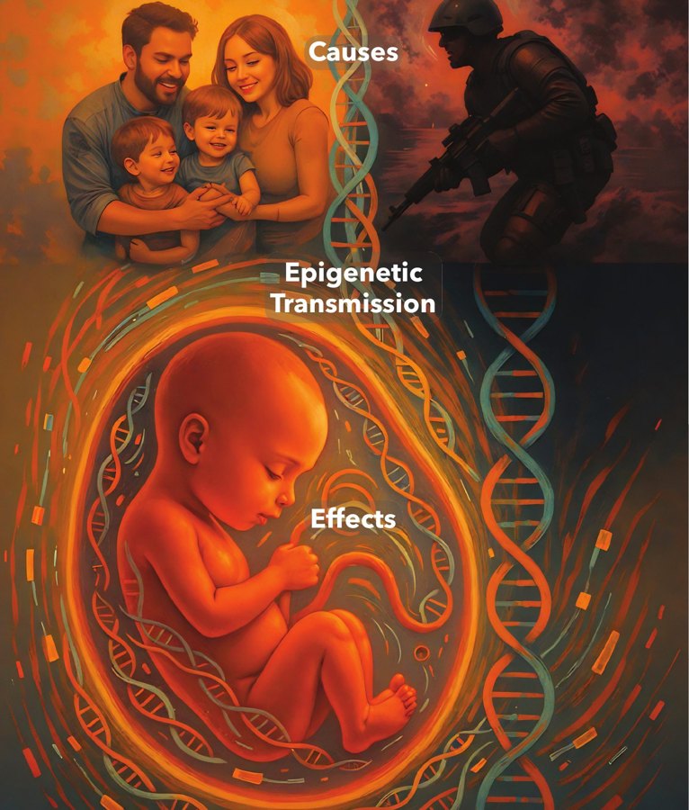 p. 312: Causes, epigenetic transmission, effects: a family, a soldier, a baby in the womb wrapped in DNA