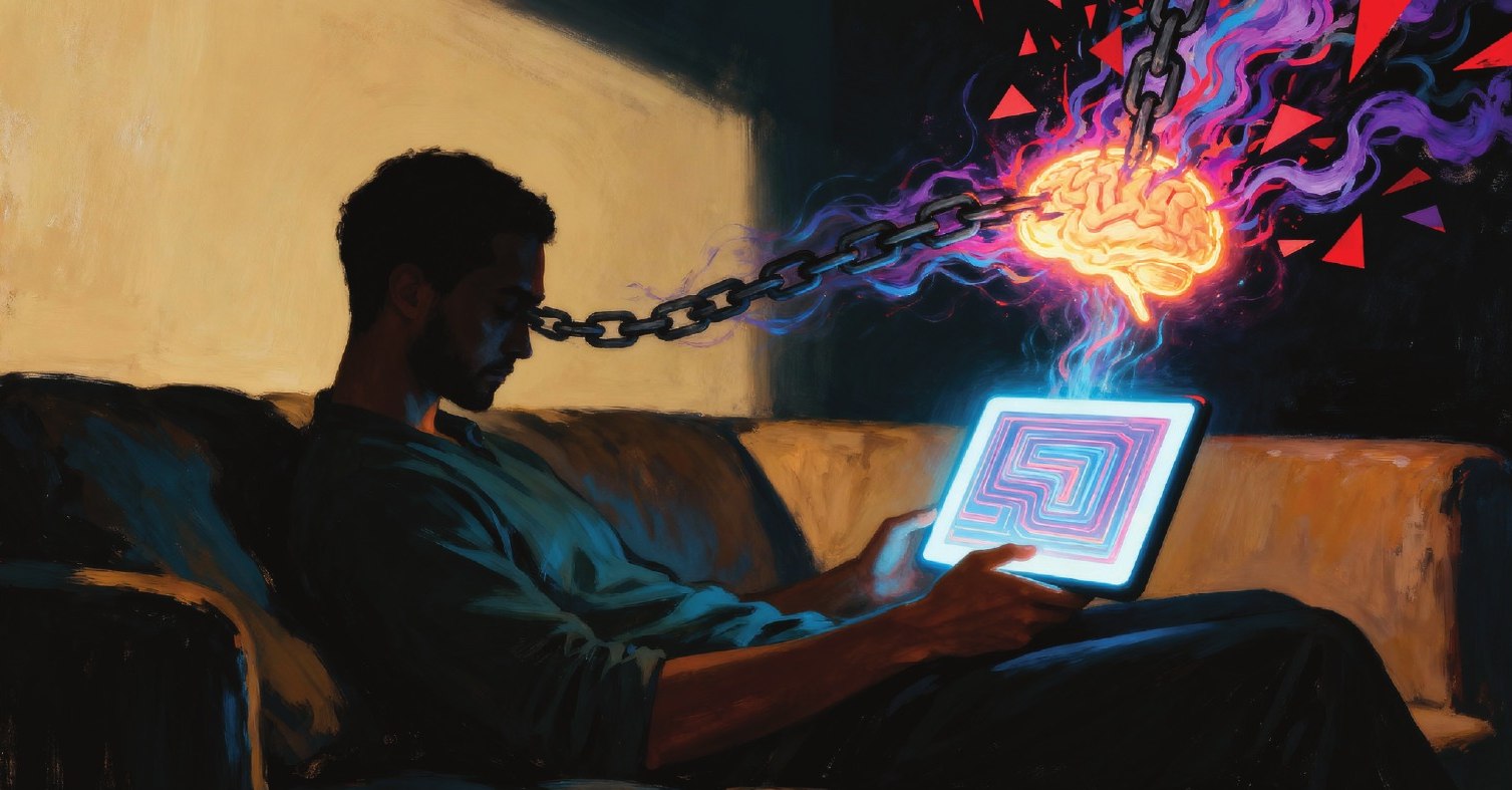 p. 365: a man on a sofa, a chain running from his screen into his brain