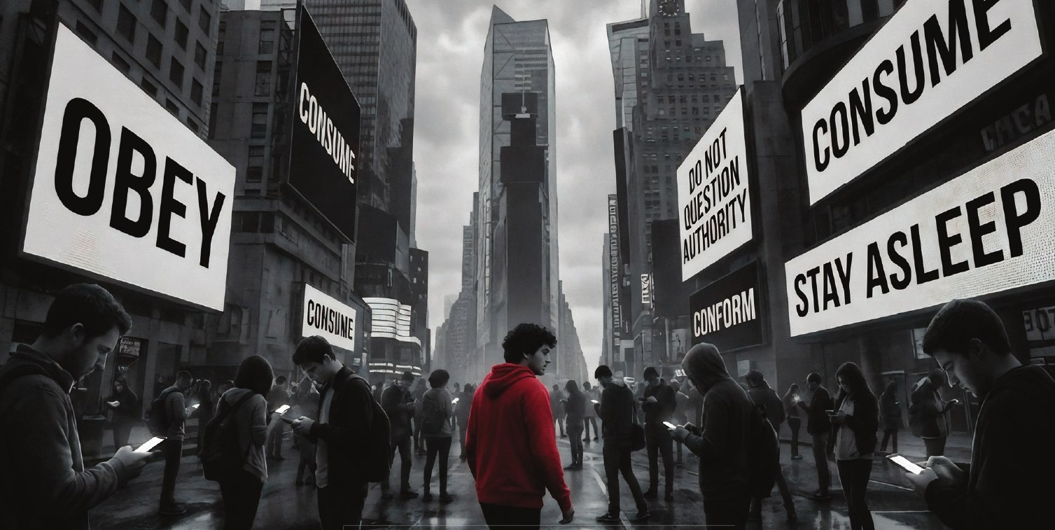 p. 88: Them programming you: billboards saying Obey, Consume, Stay asleep over a crowd on their phones